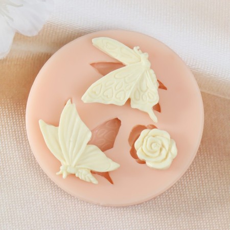 Mold Silicon "Butterfly with Flower" 3.7x2.9x0.5 3.3x2x0.5 1.2x1.2x0.3 cm