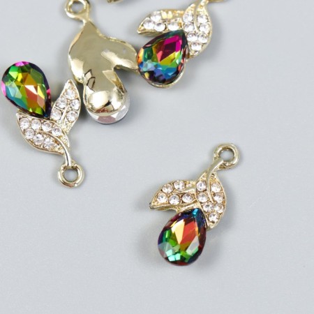 Decor for creativity metal, rhinestones "Two leaves with crystal" gold, green 1.1x2.1 cm