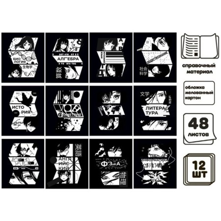 A set of subject notebooks of 48 sheets, an anime comic book, 12 items, with reference material, covered cardboard, Uf-lak (full), OFSET block-2