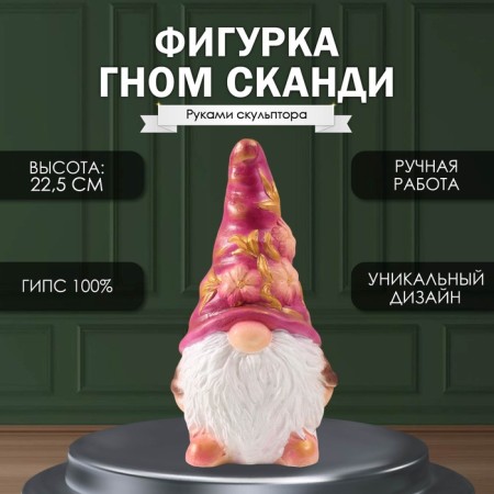 Figure "Gnome Scandy" height is 22.5 cm, width 9.5 cm, length 11.5 cm.