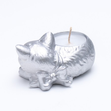 Candle "Cat" in the candlestick of gypsum, 8.5x13x7cm, silver-2