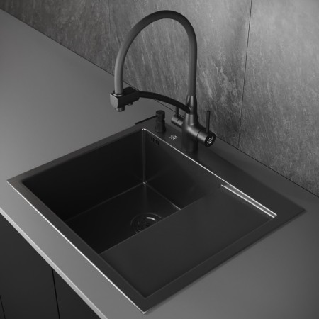 Kitchen sink "RMS" MRK-5851BL-L, mortise, left, thickness 3.0 and 1 mm, dispenser, graphite-1