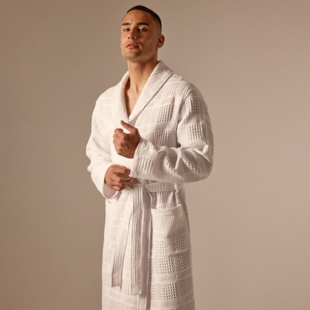 Wafel dressing gown men SL Home: Chess "Blanc de Blanc", size M, 100% cotton, 340 g/m2-3