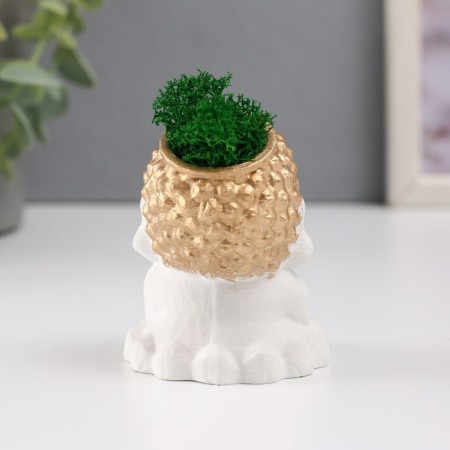 Concrete Kashpo "Buddha" 5.5x6.5x7 cm white with gold with moss (moss green stabilized)-2