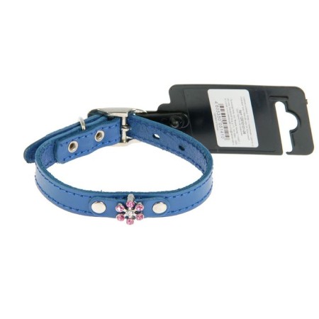 Leather “Fleur” collar decorated with rhinestones, 24-30 x 1.5 cm, blue