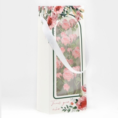 Package-carrier for flowers with a plastic window, “only for you”, white, 30 x 12 x 8 cm