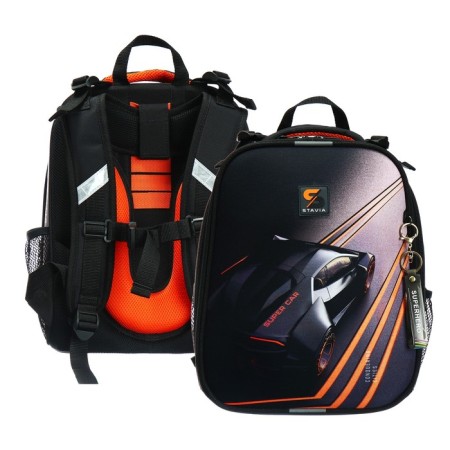 School backpack 38 x 30 x 16 cm, ergonomic back, Stavia "Super Car", black/orange