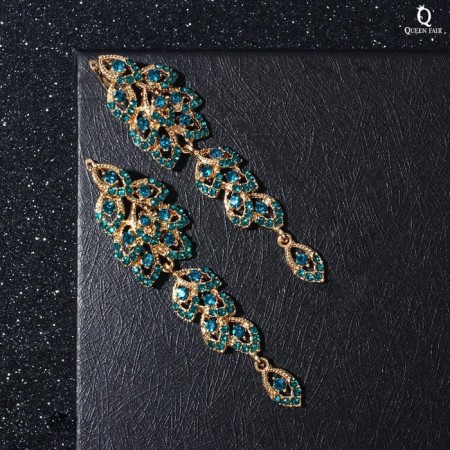 Hanging earrings with rhinestones "evening" plexus, emerald color in gold, 8 cm-2