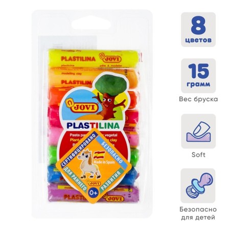 Plasticine on a plant basis 8 colors, 120 g, Jovi, fluorescent, for kids
