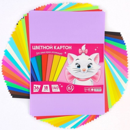 Cardboard tinted, A3, 36 sheets, 18 colors, moped, bilateral, in a package, 140 g/m², cats aristocrats-2
