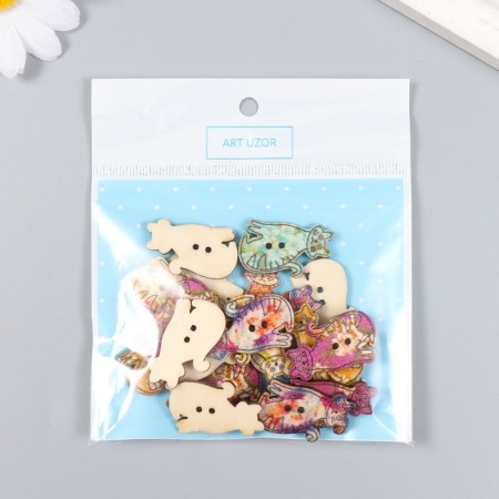 Buttons decorative wood 2 punctures "Bright cats" set 20 pcs 3x1.8 cm-3