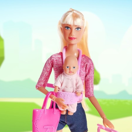Doll model "Young mother", with a puff, with accessories, pink color-1