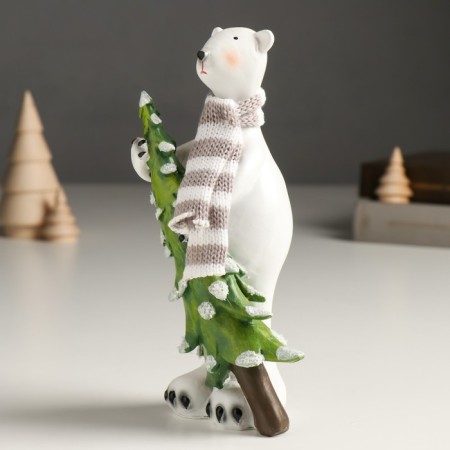 Souvenir Polystone "White Bear in a scarf carries a Christmas tree" 8x5.5x19 cm-3