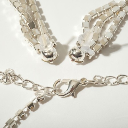 Set 2 objects: earrings, necklaces of “sparks” brushes, white color in silver, 30 cm-1
