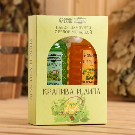 Набор шампуней с белой мочалкой "Крапива и Липа" 2х250 мл-6