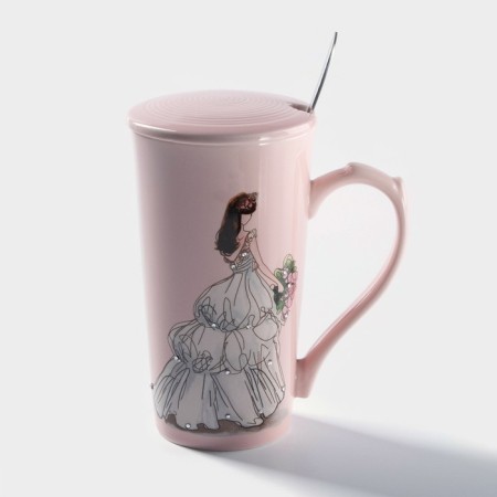 Ceramic mug with a lid and a spoon "Ball splendor", 300 ml, color mix-2