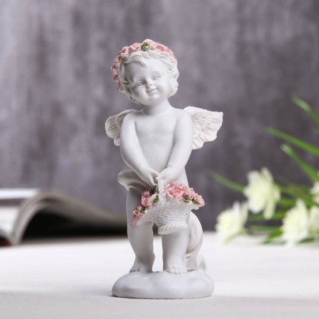 Figure Polystone "Angel with a basket of pink roses" 10x3.5x5 cm