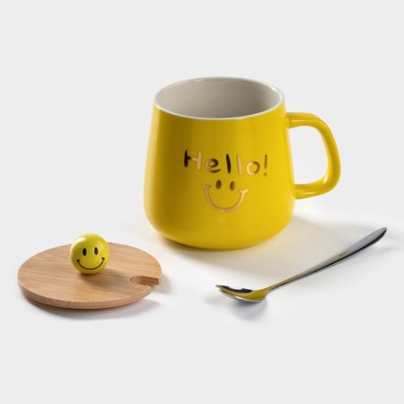 Ceramic mug "Smile", 350 ml, with a wooden lid and spoon, color and pattern mix-1