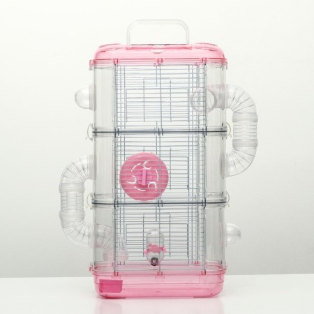 A cage for rodents with a tunnel and filling, 32 x 21 x 55, cm, pink-12