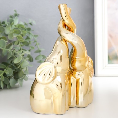 Souvenir Ceramics "Two Elephants, trunks woven" Gold set 2 pcs 20x12x7 cm-2