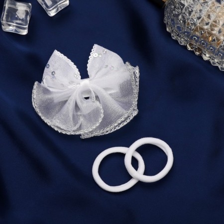Hair Set "Schoolgirl" (clamp 7 cm, 2 gum 3.5 cm) sequins bow, white-1