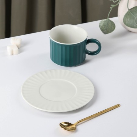 Tea couple ceramic "Profitrol", 3 objects: a cup 180 ml, a saucer d = 13.7 cm, a spoon, the color is green/white-1