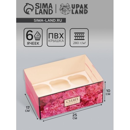 Box for 6 cupcakes with a transparent lid, "shine with happiness", 23 × 16 × 10 cm, confectionery packaging