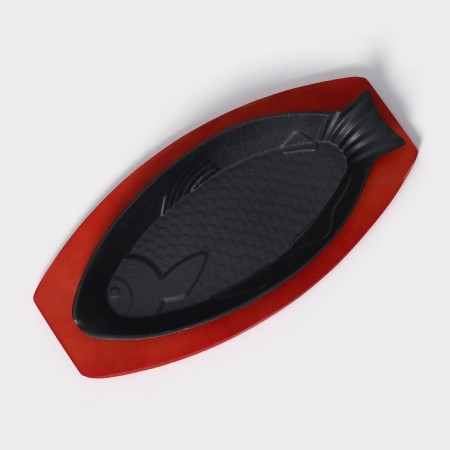 Cast iron pan on a wooden stand "Fish", 30 × 13 × 3 cm, black color-2