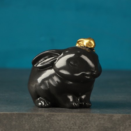 Figure Kashpo "Bunny with a hare" black with gold, 10cm-1