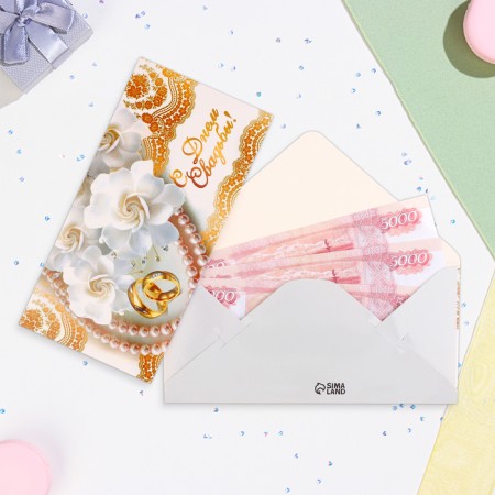 Money envelope "Happy Wedding Day!" White flowers, 16.5x8 cm-1