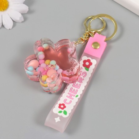 A keychain plastic with a carbine, a strap "Flower with balls" Water with decor 6x6x2 cm-2