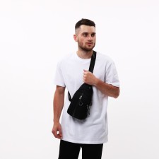 Male sling bag from textiles, headphone opening, black color
