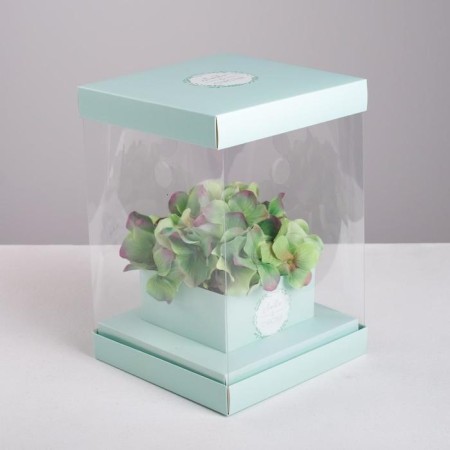 Gift box for flowers with a vase and PVC windows folding, packaging, "love and happiness", 16 x 23 x 16 cm-1