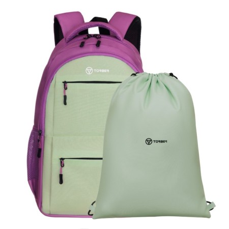 Youth backpack 45 x 30 x 18 cm, ergonomic back, + bag, Torber Class X, Pink/Salad T2602-23-GR-P