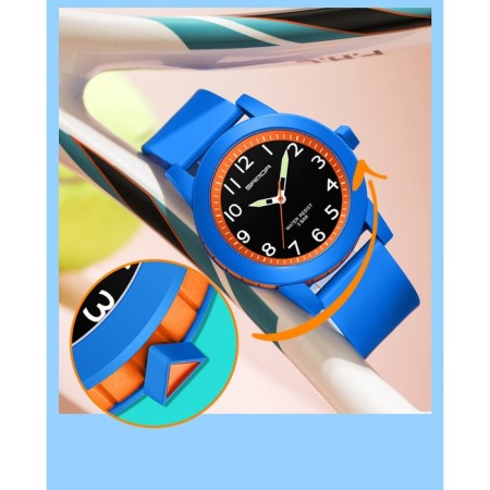 Watch is a wrist-on, d-3.4 cm, waterproof, luminous, silicone strap, blue-1