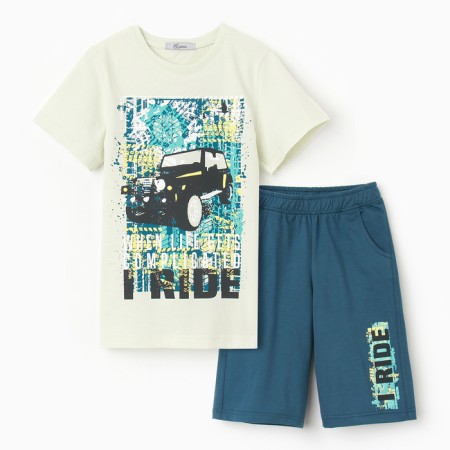 A set for a boy (T -shirt, shorts), ivory color/sea wave, height 104