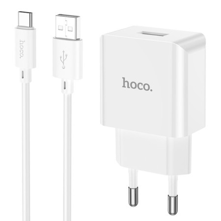 Network charger HOCO C106A, 1 USB, 2.1 A, Type -C cable - USB, 1 m, white