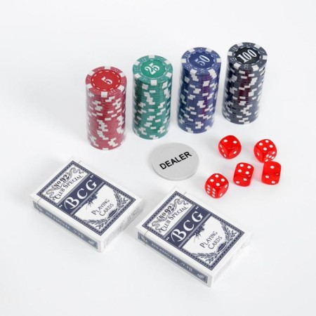 Poker in a metal case (2 decks, chips 100 pcs with a face value, 5 cubes), 20 x 20 cm-1