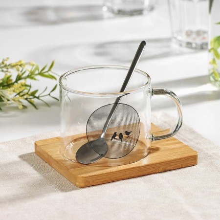 Glass mug with a spoon on a wooden stand “Kotik”, 300 ml, Mix drawing-6