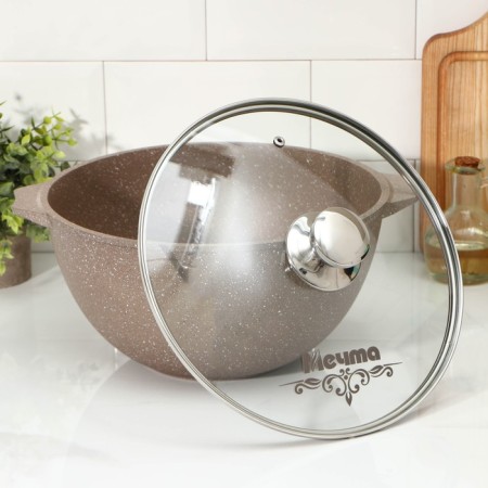 Kazan "Granite Brown", 6 liters, glass cover, cast handles, anti -stick coating, brown color-1