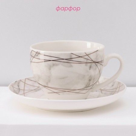 Service porcelain tea shade “Marble”, 12 objects: 6 cups 280 ml, 6 saucer d = 15 cm, color gray color-1