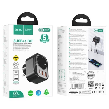 Single Single Roset Hoco NS3, 2 USB, Type-C, 20 W, PD, QC, Black-4