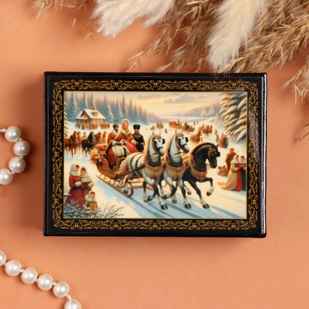 Casket "Troika winter", black, 8x10.5 cm, lacquer miniature-2