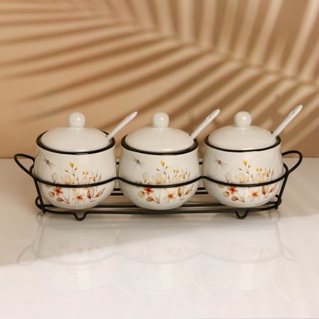 A set of ceramic cans for spices on a metal stand “Flowers”, 200 ml, 3 pcs, white color-2