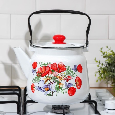 The kettle "Flowers are red", 3.5 l, white with a button, induction, white color-4