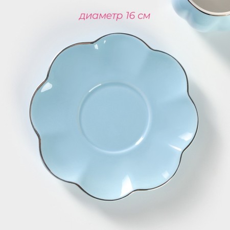 Tea couple ceramic "flower", 3 objects: a cup 240 ml, a saucer d = 16 cm, a spoon, the color of the blue-2