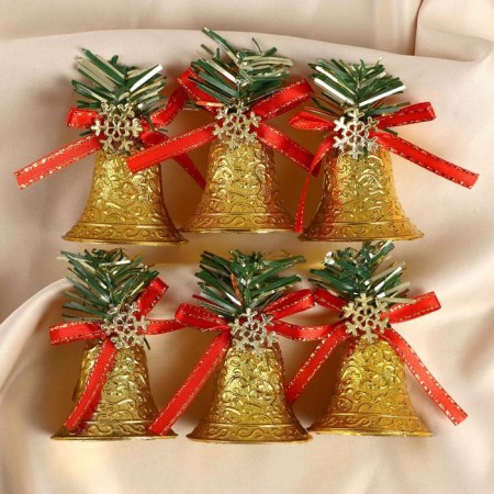 Christmas tree decoration "Bells with a snowflake" (set 6 pcs) 4.5x4.5 cm, golden red