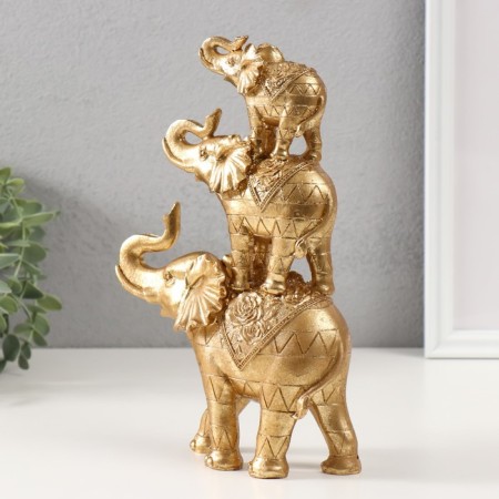 Souvenir Polystone "Pyramid of 3 elephants" Gold 6.5x15.5x24 cm-1