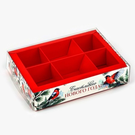 Box for 6 sweets with cells "Bullfinch", 10 x 14.5 x 3 cm, New Year-1
