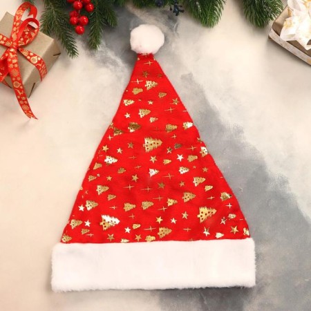 New Year's cap "Christmas trees and stars" 29x40 cm, red-1